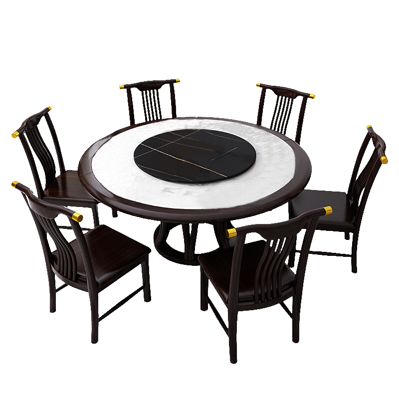 兰秀家居 新中式实木圆桌餐桌椅组合岩板现代简约大理石圆形餐厅桌子