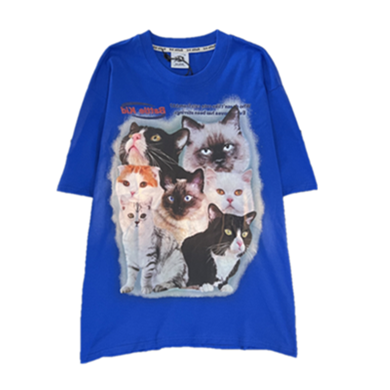 秋壳美式复古潮流猫咪印花短袖T恤女2022夏季休闲创意百搭上衣潮