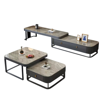 青木川 轻奢意式灰色系岩板电视柜茶几组合套装伸缩台极简客厅岩板落地电视墙柜现代简约茶几组合地台矮柜