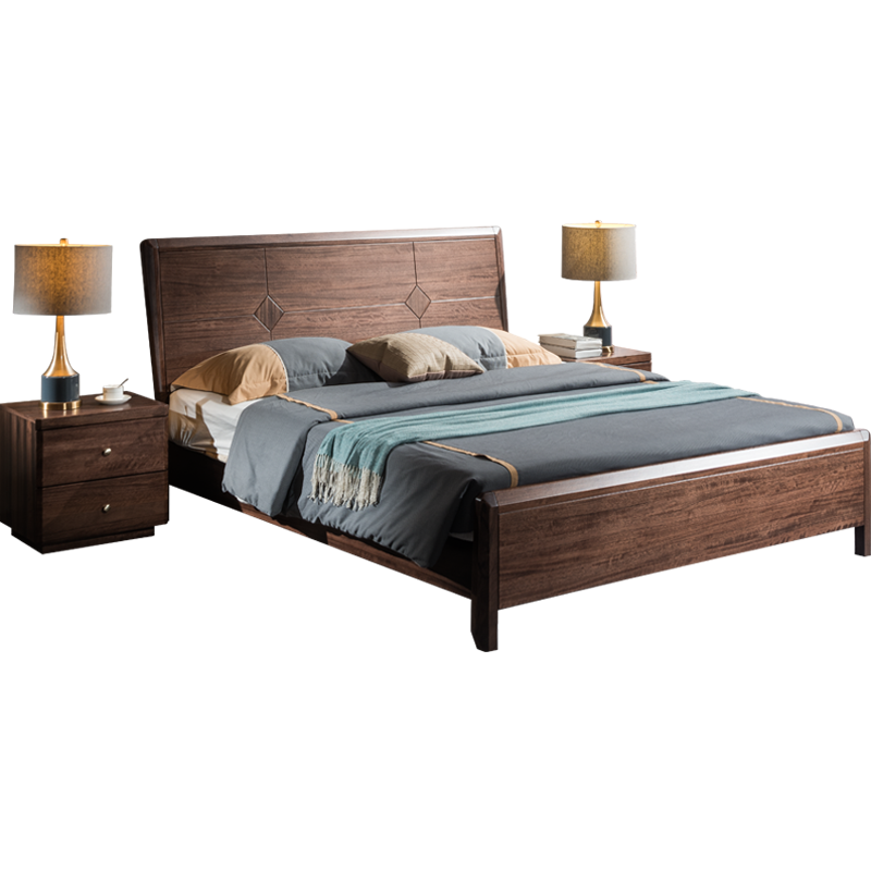 梵宜 床 实木床 北美黑胡桃木床1.8米中式双人床高箱储物床卧室精品家具8A18#