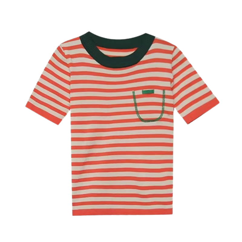 CACHE CACHE夏季新款条纹撞色针织短袖薄款圆领女士T恤