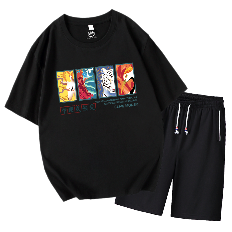 Claw money青少年休闲运动套装夏季潮情侣男帅气男士短袖短裤一套