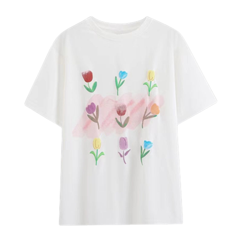 CACHE CACHE夏季新款设计感郁金香印花短袖上衣女立体花朵白色T恤