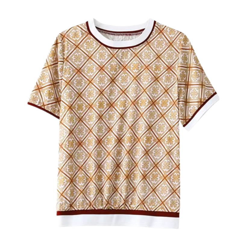 CACHE CACHE夏季新款几何浮雕印花时尚高端T恤菱格女士短袖上衣