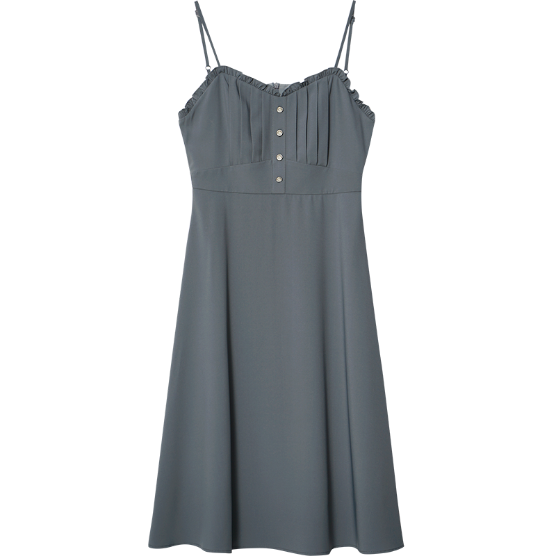 OUNIXUE欧昵雪 | [性感吊带连衣裙]夏季浪漫木耳边V领修身中长款A字裙女