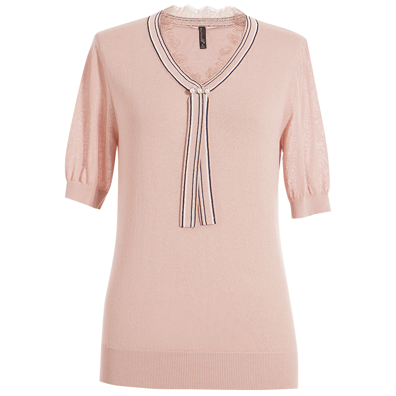 OUNIXUE欧昵雪 | [气质套头短袖]夏季温柔风蕾丝拼接V领针织衫宽松上衣女