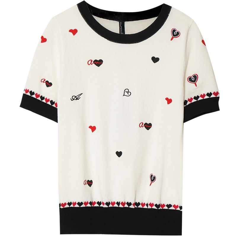 OUNIXUE欧昵雪 | [小众撞色套头短袖]夏季时尚百搭圆领爱心绣花减龄T恤女式