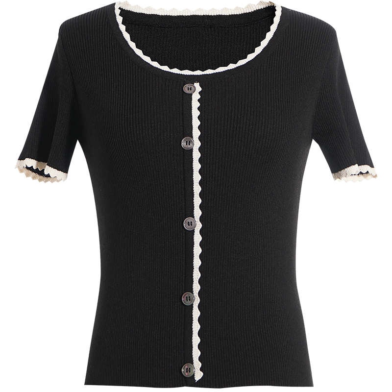 OUNIXUE欧昵雪 | [时尚百搭T恤]法式简约撞色波浪低圆领短袖针织衫修身上衣女士