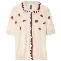 OUNIXUE欧昵雪 | [法式花卉短袖]夏季撞色翻领绣花针织衫休闲T恤女士上衣