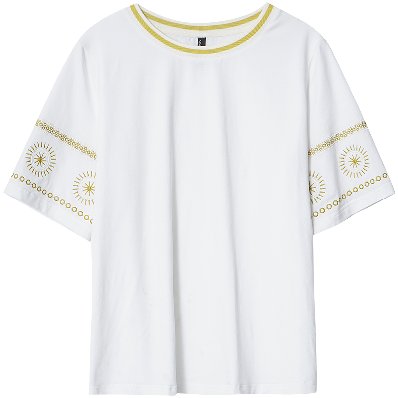 OUNIXUE欧昵雪 | [波普风绣花短袖]夏季时尚罗纹圆领休闲上衣个性直筒T恤女