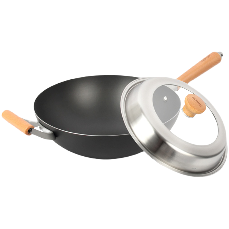 苏泊尔(SUPOR)炒锅 不锈芯铁Ⅱ代家用老式铁锅炒菜锅铁锅燃气明火适用少油烟炒菜锅 钢玻盖 30cm CC30AC2