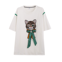 秋壳美式潮流猫咪刺绣钉珠短袖T恤女2022夏季甜酷小众感圆领上衣