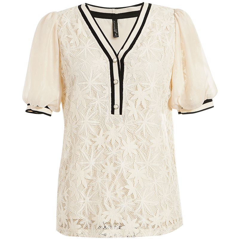 OUNIXUE欧昵雪 | [浪漫减龄蕾丝衫]夏季气质罗纹拼接V领直筒上衣套头短袖女