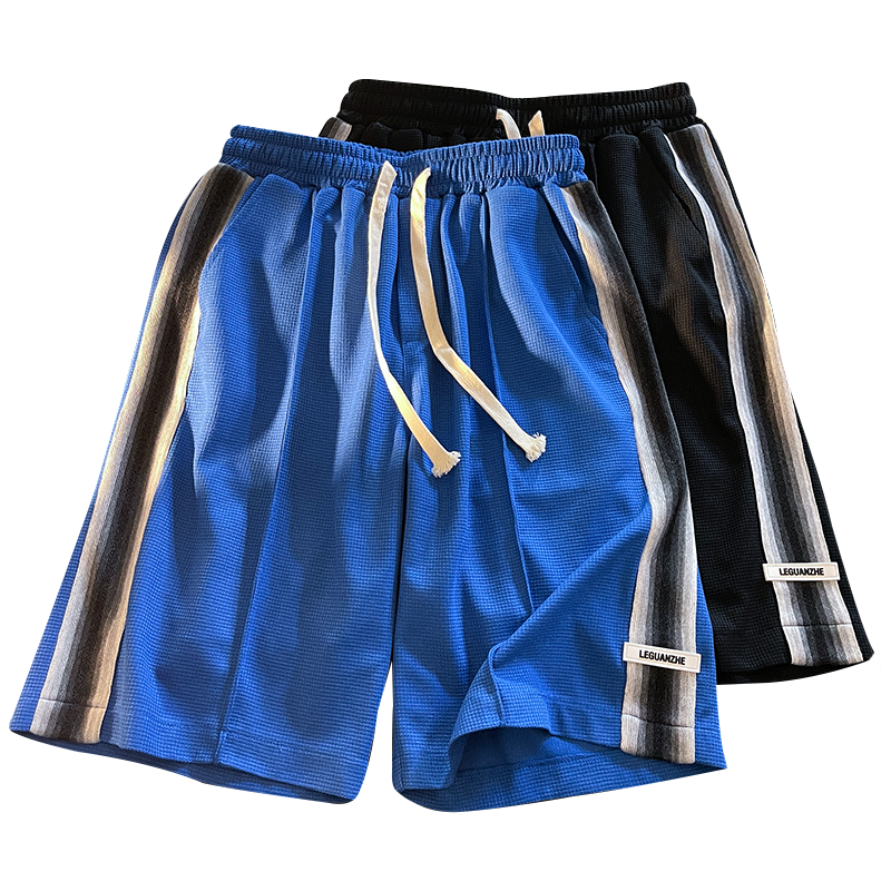 WOOG2005 夏季新款短裤男休闲港风条纹运动五分裤大码直筒阔腿裤