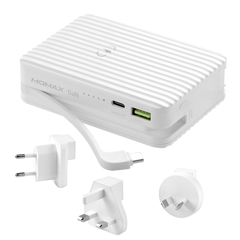 摩米士MOMAX氮化镓GaN双模无线充电宝充电器65WPD双向快充笔记本移动电源15000mAh带插头旅行充电套装白色
