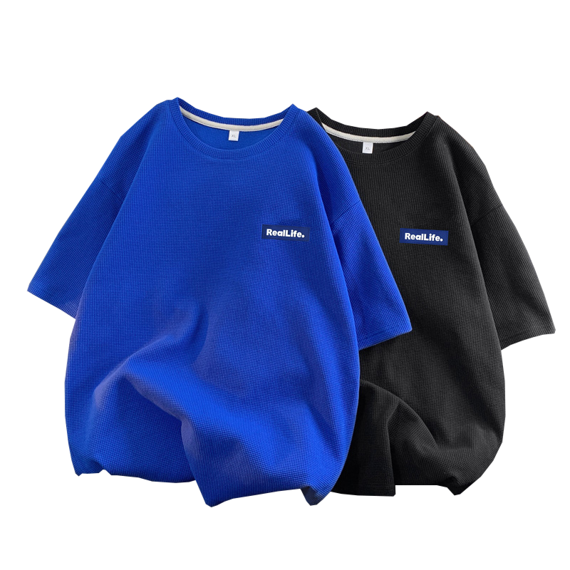 WOOG2005克莱因蓝t恤男设计感小众oversize潮牌华夫格短袖上衣夏