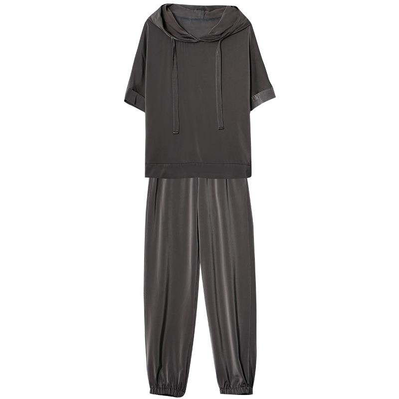 欧昵雪夏季潮流时尚套装女宽松抽绳连帽上衣休闲裤两件套