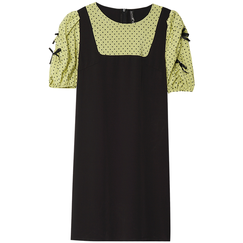 OUNIXUE欧昵雪 | [蝴蝶结装饰连衣裙]夏季淑女范圆领拼接假两件宽松裙子女