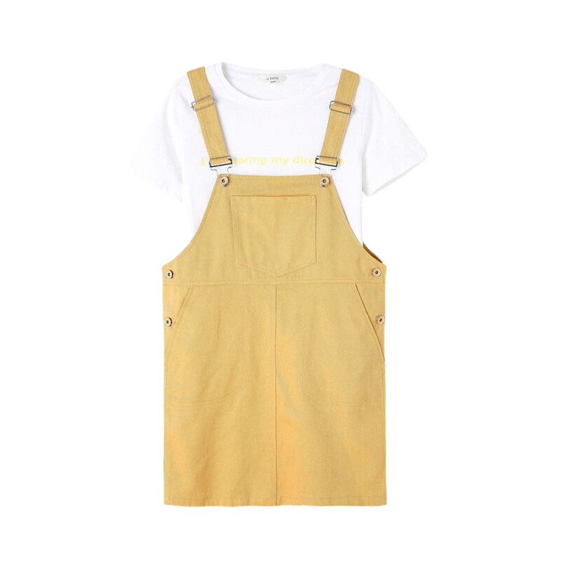 拉夏贝尔 夏法式复古T恤背带短款A字纯色两件套连衣裙