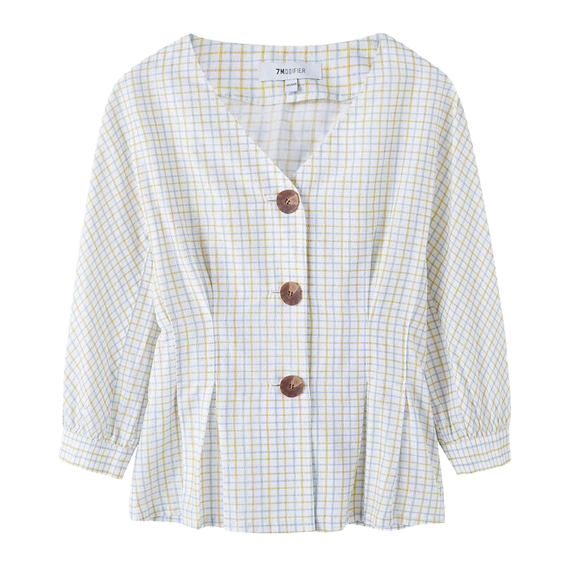 拉夏贝尔格子v领收腰修身衬衫女装百搭七分袖风情上衣