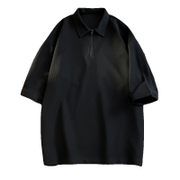 WOOG2005华夫格黑色t恤oversize男生polo衫短袖男夏季上衣五分袖