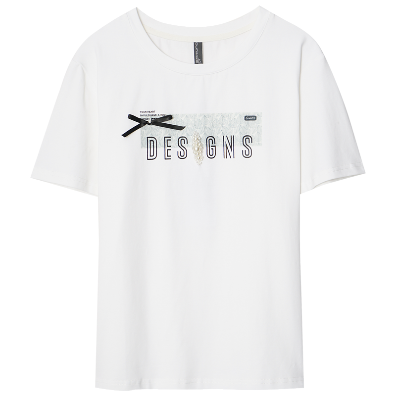 OUNIXUE欧昵雪 | [减龄圆领T恤]夏季简约蝴蝶结装饰上衣直筒ins潮短袖女