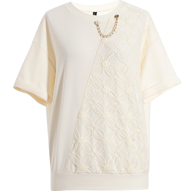 OUNIXUE欧昵雪 | [时尚绣花圆领T恤]夏季温柔文艺链条金属扣装饰上衣短袖女