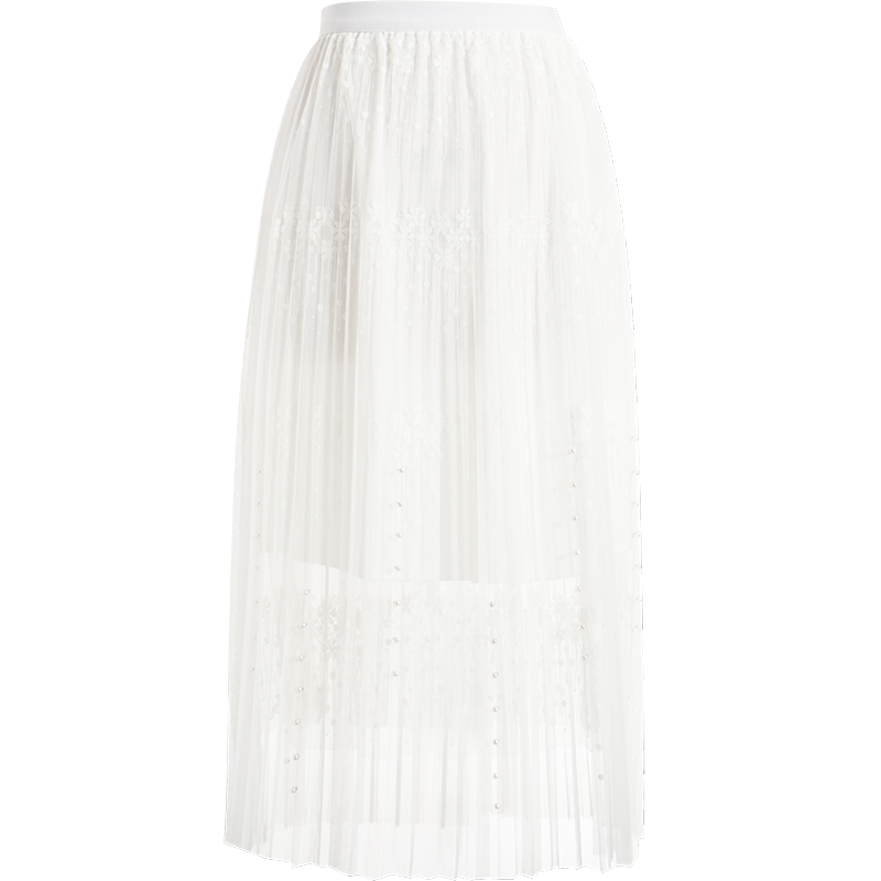 OUNIXUE欧昵雪 | [气质百褶蕾丝A字裙]夏季法式高腰橡筋中长款网纱半身裙女