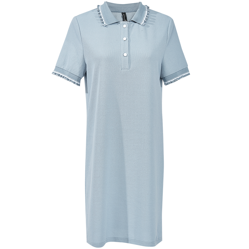 OUNIXUE欧昵雪 | [百搭小清新裙子]夏季时尚甜美木耳边翻领小个子针织连衣裙