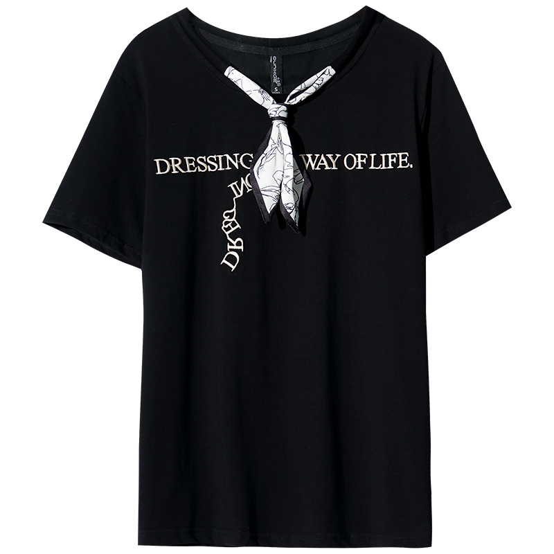 OUNIXUE欧昵雪 | [丝巾装饰上衣]夏季时尚圆领字母绣花显瘦T恤女士休闲短袖