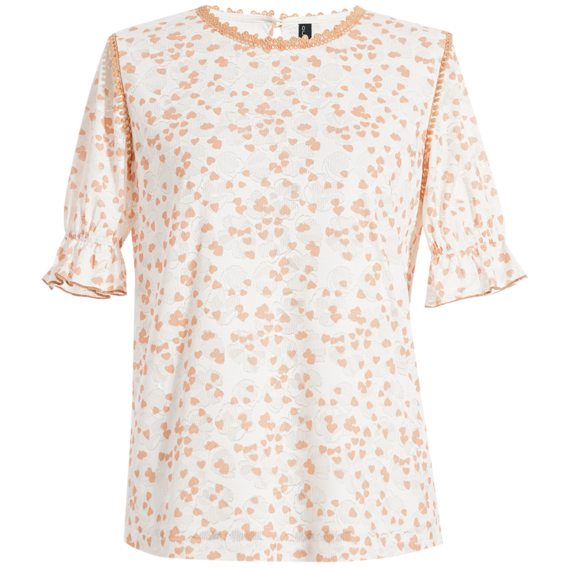 OUNIXUE欧昵雪 | [爱心印花蕾丝衫]夏季减龄感花边拼接圆领短袖喇叭袖上衣女