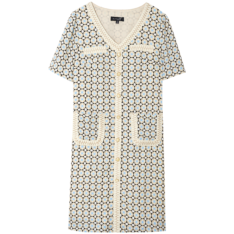 OUNIXUE欧昵雪 | [时尚几何印花连衣裙]夏季气质织带拼接V领直筒休闲中裙女