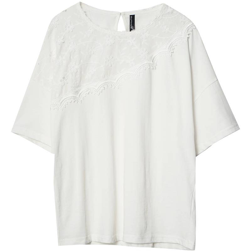 OUNIXUE欧昵雪 | [立体花拼接T恤]夏季时尚宽松休闲镂空清新蕾丝花边短袖上衣女