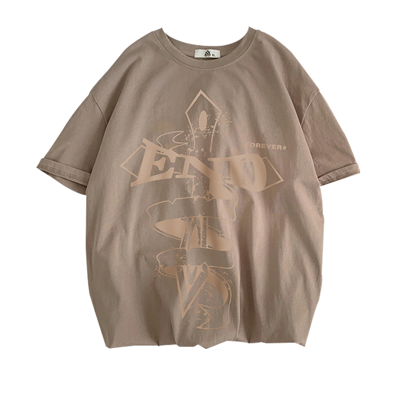 WOOG2005美式复古短袖T恤设计感卡其色高街ins宽松克罗心半袖衣服