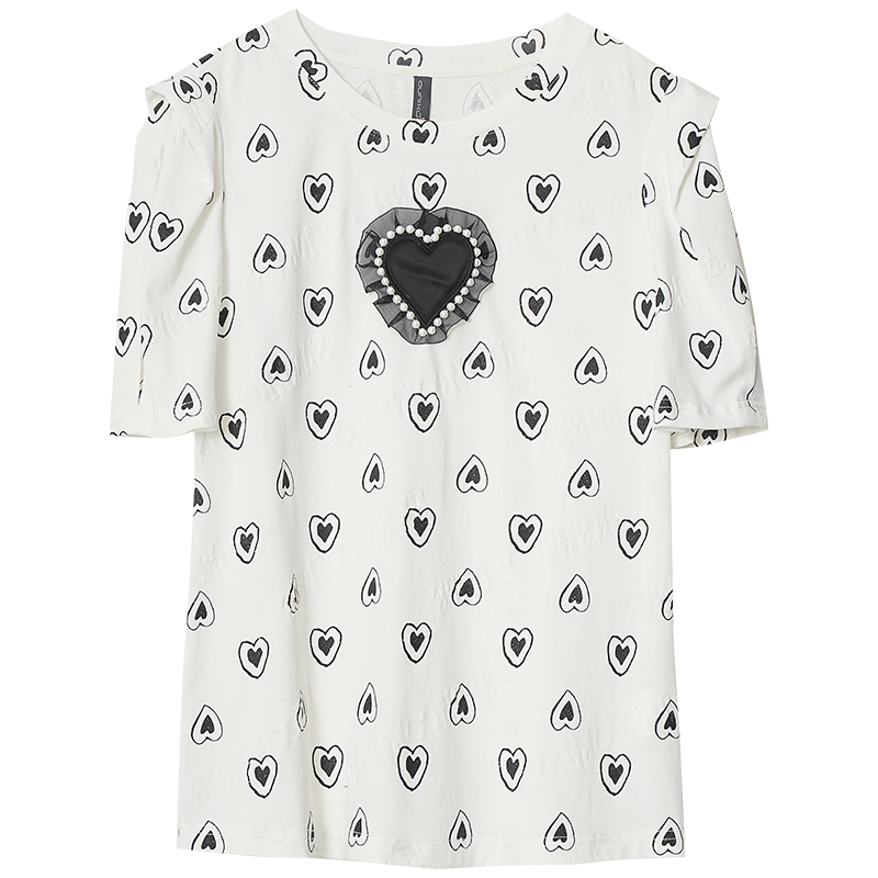 OUNIXUE欧昵雪 | [小众爱心T恤]夏季设计感圆领印花短袖时尚休闲套头上衣女