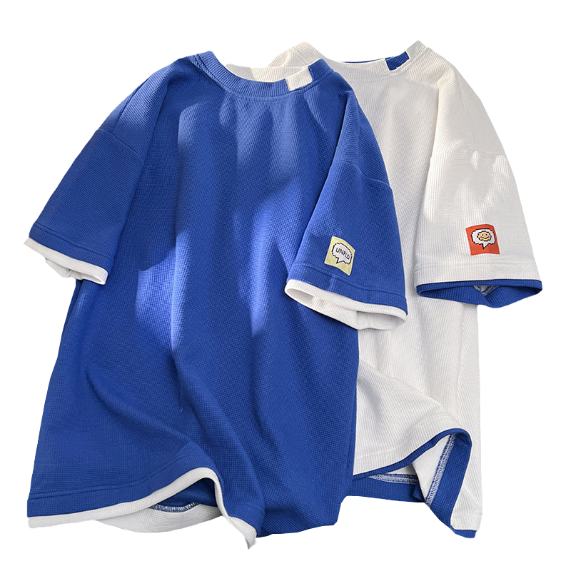 WOOG2005假两件克莱因蓝t恤男华夫格短袖情侣装夏季潮牌半袖体恤