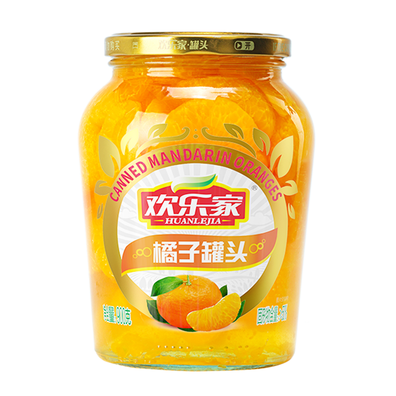 欢乐家糖水橘子罐头900g*2罐 玻璃瓶装 新鲜桔子水果罐头 休闲零食 方便速食 正品整箱