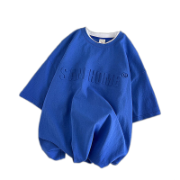 WOOG2005假两件短袖T恤男夏季韩版宽松情侣上衣ins潮克莱因蓝半袖