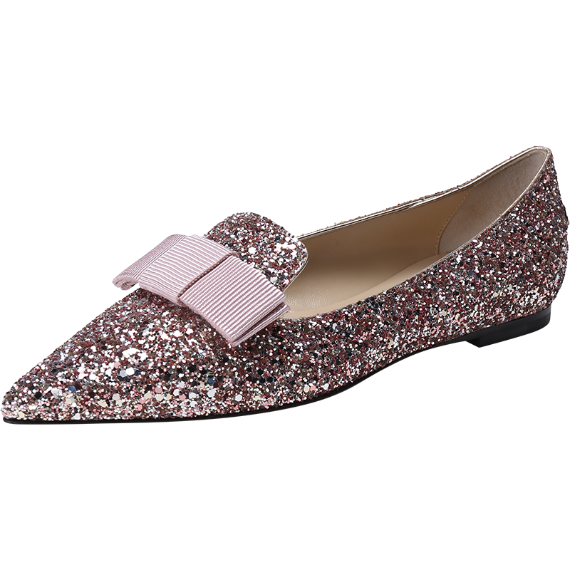 JIMMY CHOO 周仰杰 女士粗粒闪粉面料蝴蝶结尖头单鞋平底鞋 GALA CGF 221