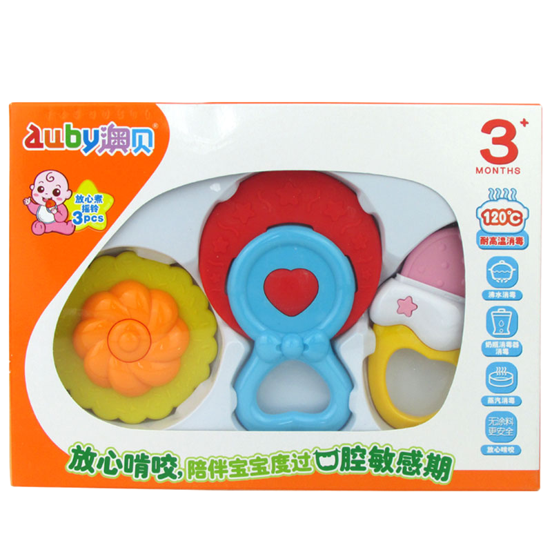 澳贝(AUBY)宝宝摇铃放心煮3PCS 3个月以上 婴儿童摇铃牙胶玩具礼盒 90*130 塑料 3只装463158