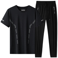 圣吉奥冰丝休闲套装男夏季新款圆领T恤长裤宽松大码运动服两件套