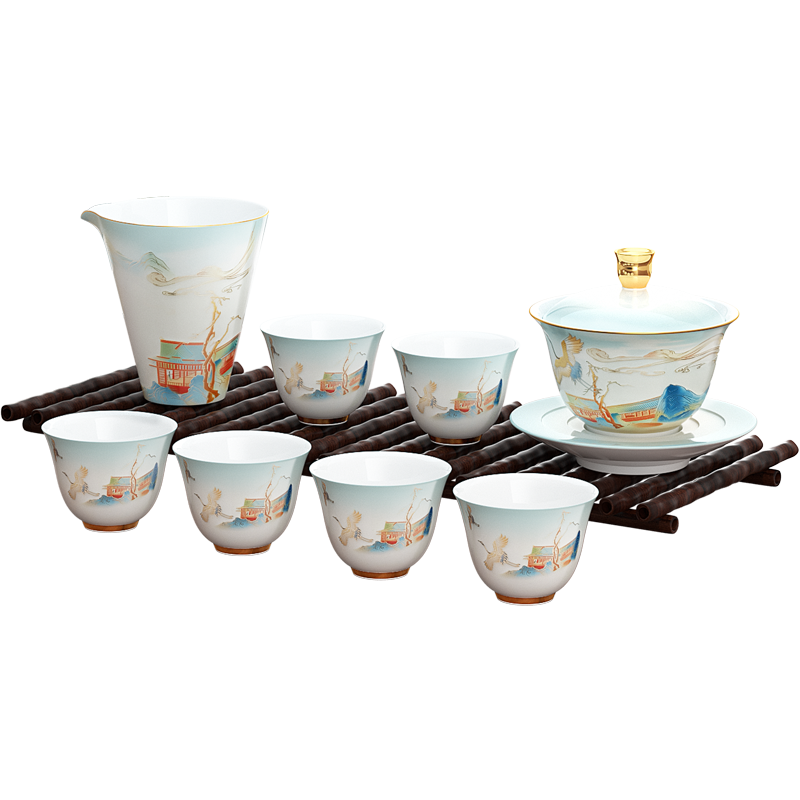 金灶KP-Y015瑞鹤陶瓷功夫茶具珐琅彩盖碗公道杯品茗杯套装家用