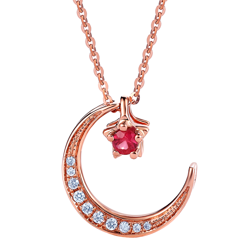 周大生钻石吊坠女18K金红宝石吊坠星星月亮挂坠可配项链送女友