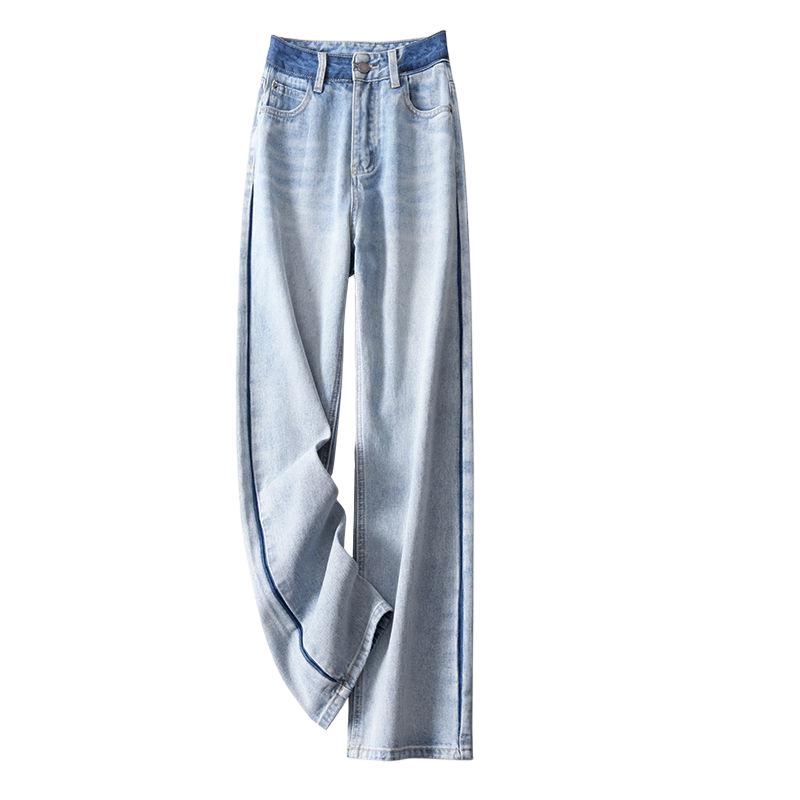 真维斯高档小众阔腿牛仔裤女设计感撞色高腰显瘦宽松直筒拖地长裤