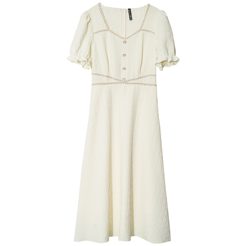 OUNIXUE欧昵雪 | [优雅修身A字裙]夏季气质织带拼接方领短袖撞色连衣裙女