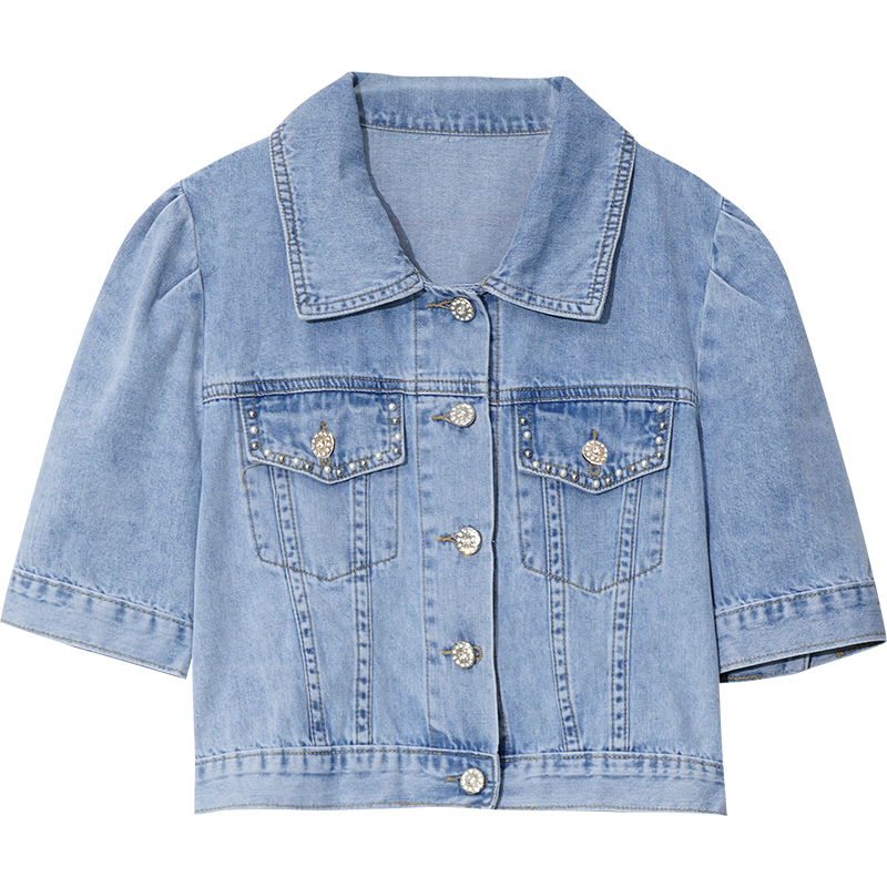 OUNIXUE欧昵雪 | [小众钉珠牛仔短外套]夏季通勤风翻领单排扣短袖时尚上衣女