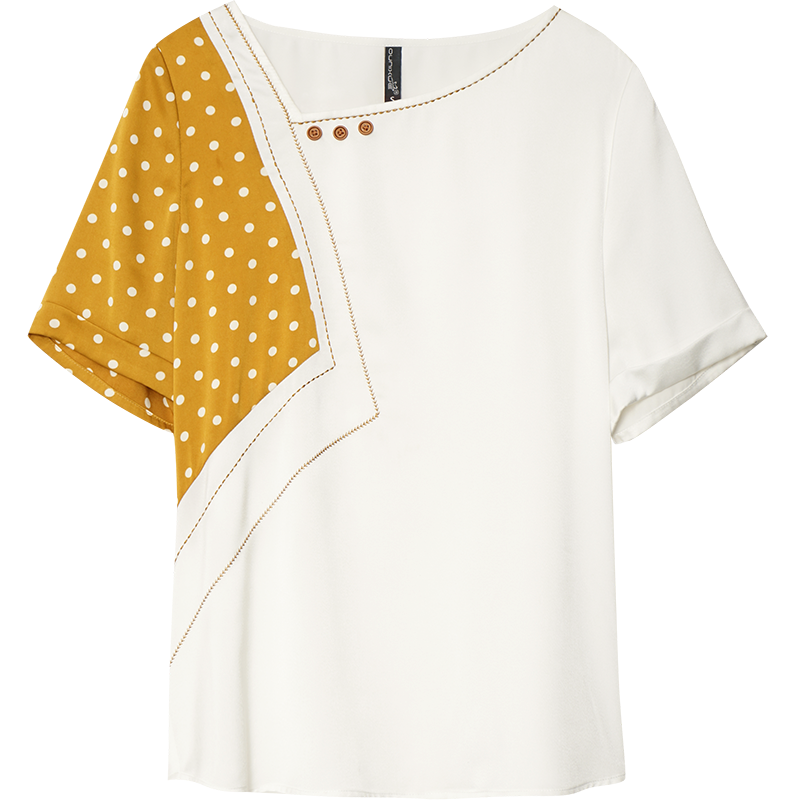 OUNIXUE欧昵雪 | [时尚拼接波点印花小衫]夏季浪漫不规则斜领气质上衣短袖女