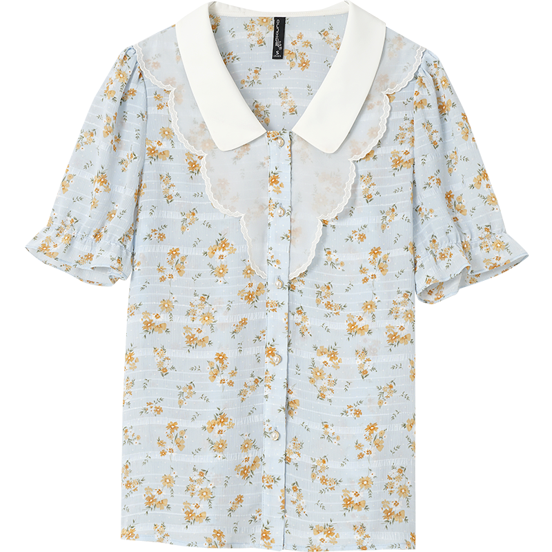 OUNIXUE欧昵雪 | [浪漫碎花雪纺衫]夏季气质翻领轻纱拼接衬衫小众感上衣女