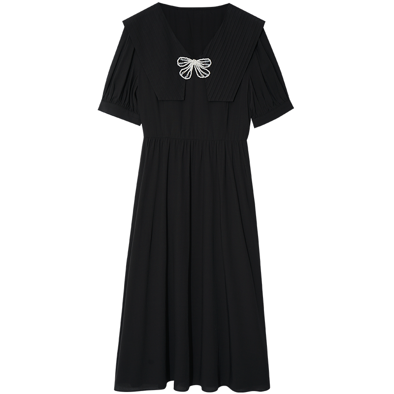 OUNIXUE欧昵雪 | [浪漫珠花别针A字裙]夏季通勤风领中长款修身连衣裙女