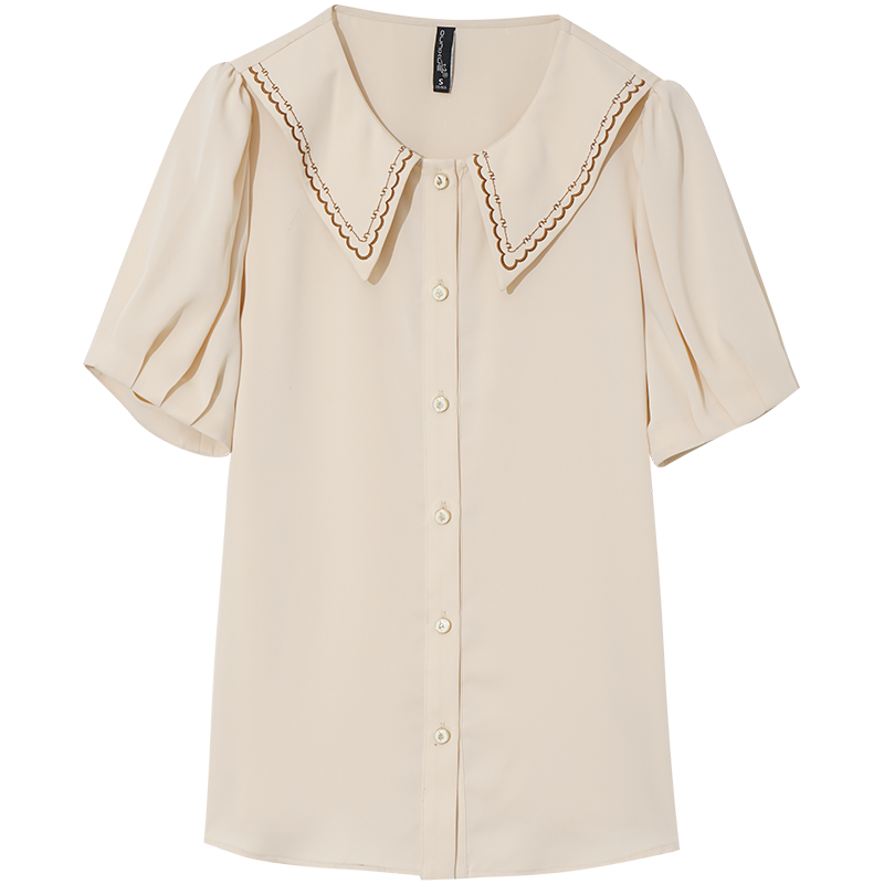 OUNIXUE欧昵雪 | [OL知性翻领衬衫]夏季小众明线绣花单排扣上衣休闲短袖女